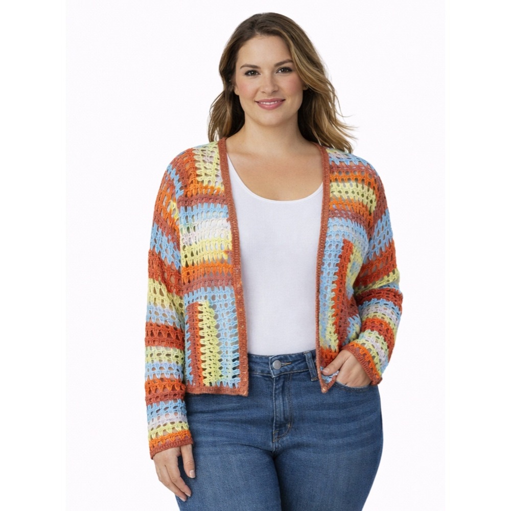33 COASTAL‎ Multicolor Crochet Open Cardigan Womens Large Boho Lightweight NWT